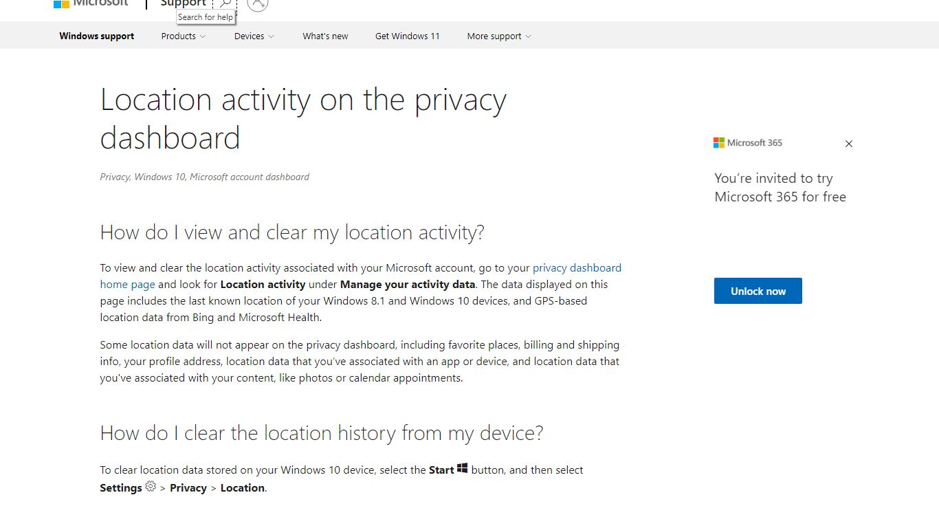 Location activity on the privacy dashboard